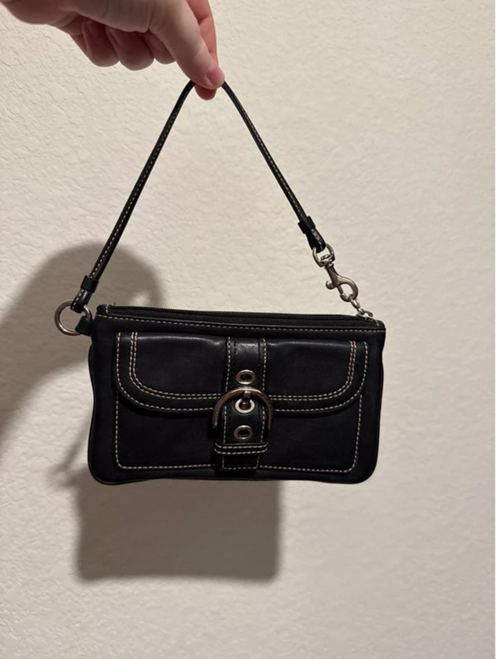 Coach Black Leather Wristlet Clutch with Buckle Detail